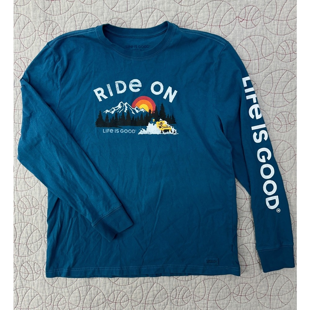 Life is Good Long‎ Sleeve Shirt Blue Ride On Snowmobile / Mens Large